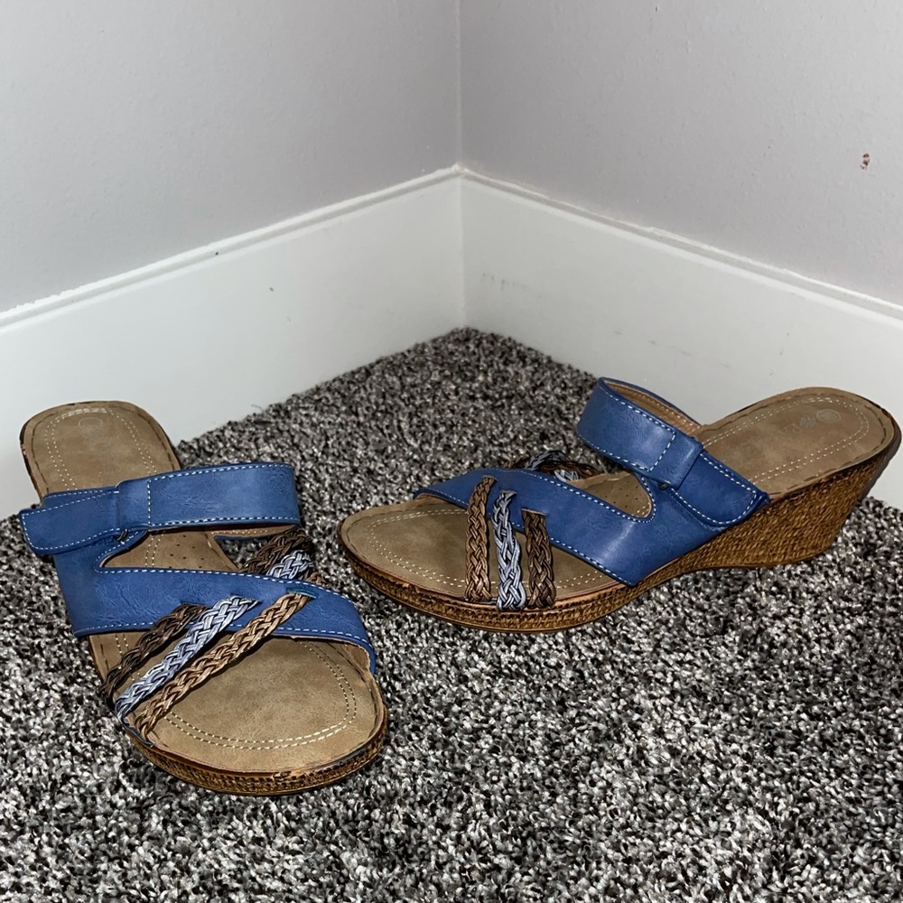 Blue and brown wedge. Size 10 but runs small
